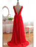 Red Chiffon Deep V Back Sexy Long Prom Dress